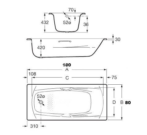 ванна SWING с отверстиями под ручки  / 180х80 /   ( бел )  
