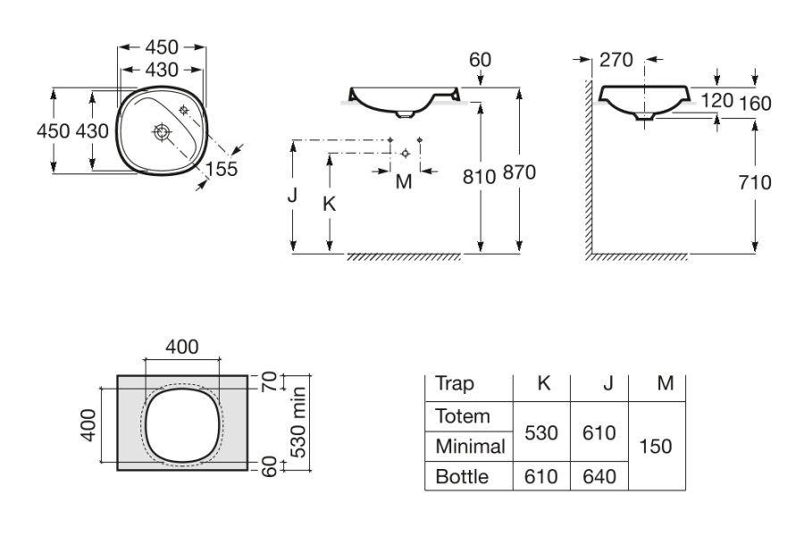раковина на столешницу полувстаиваемая BEYOND  / 43х43 /  ( белый )  