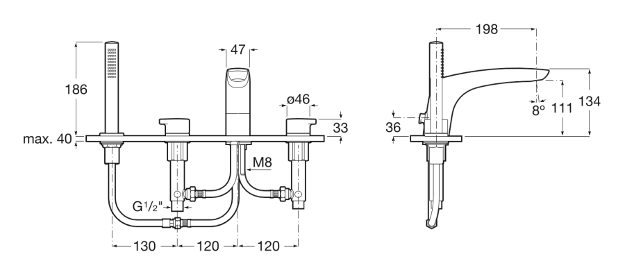 смеситель для ванны INSIGNIA на 4 отверстия двухвентильный  ( хром )  