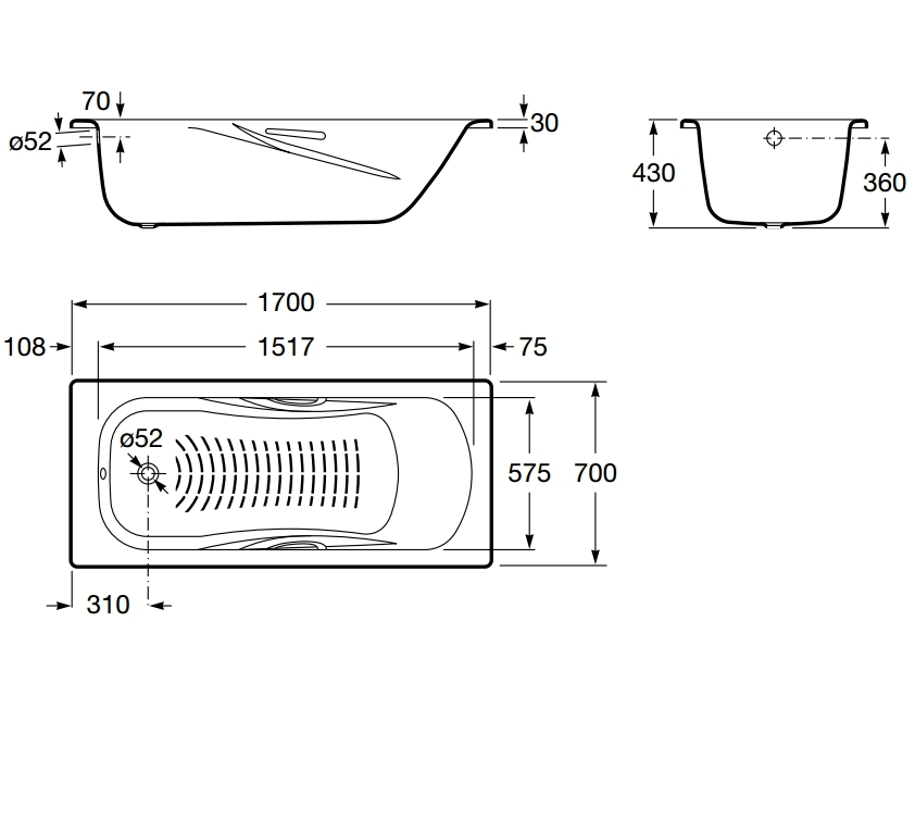 ванна PRINCESS с отверстиями под ручки  / 170х70 /   ( бел )  